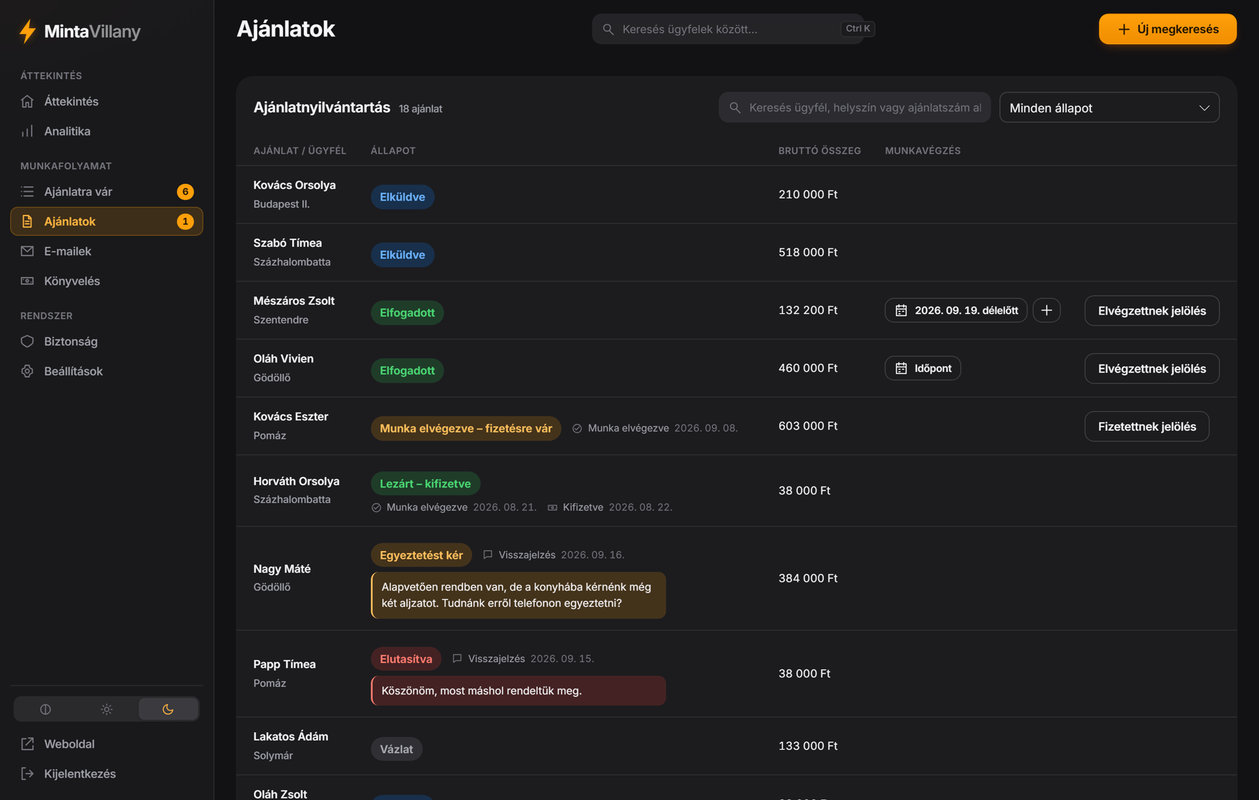 Ajánlatok, verziókkal és állapottal