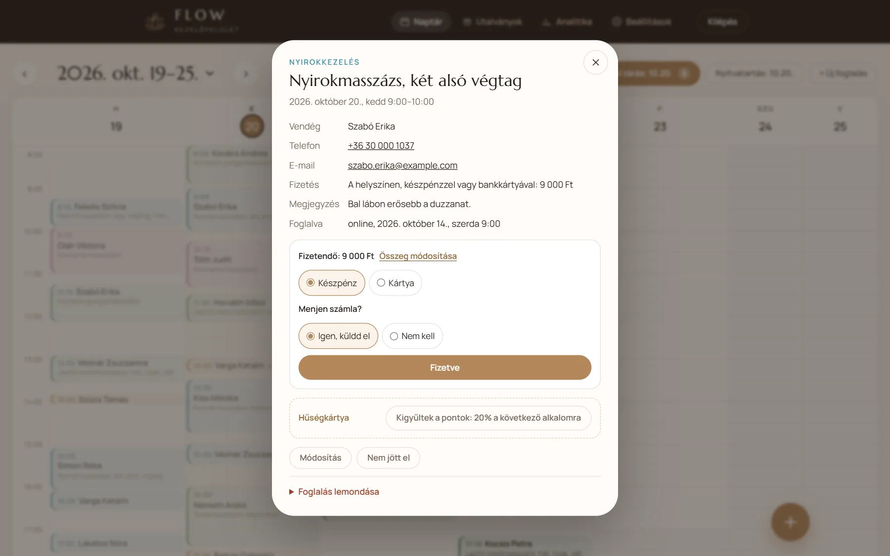 Egy foglalás részletei és a fizetés rögzítése
