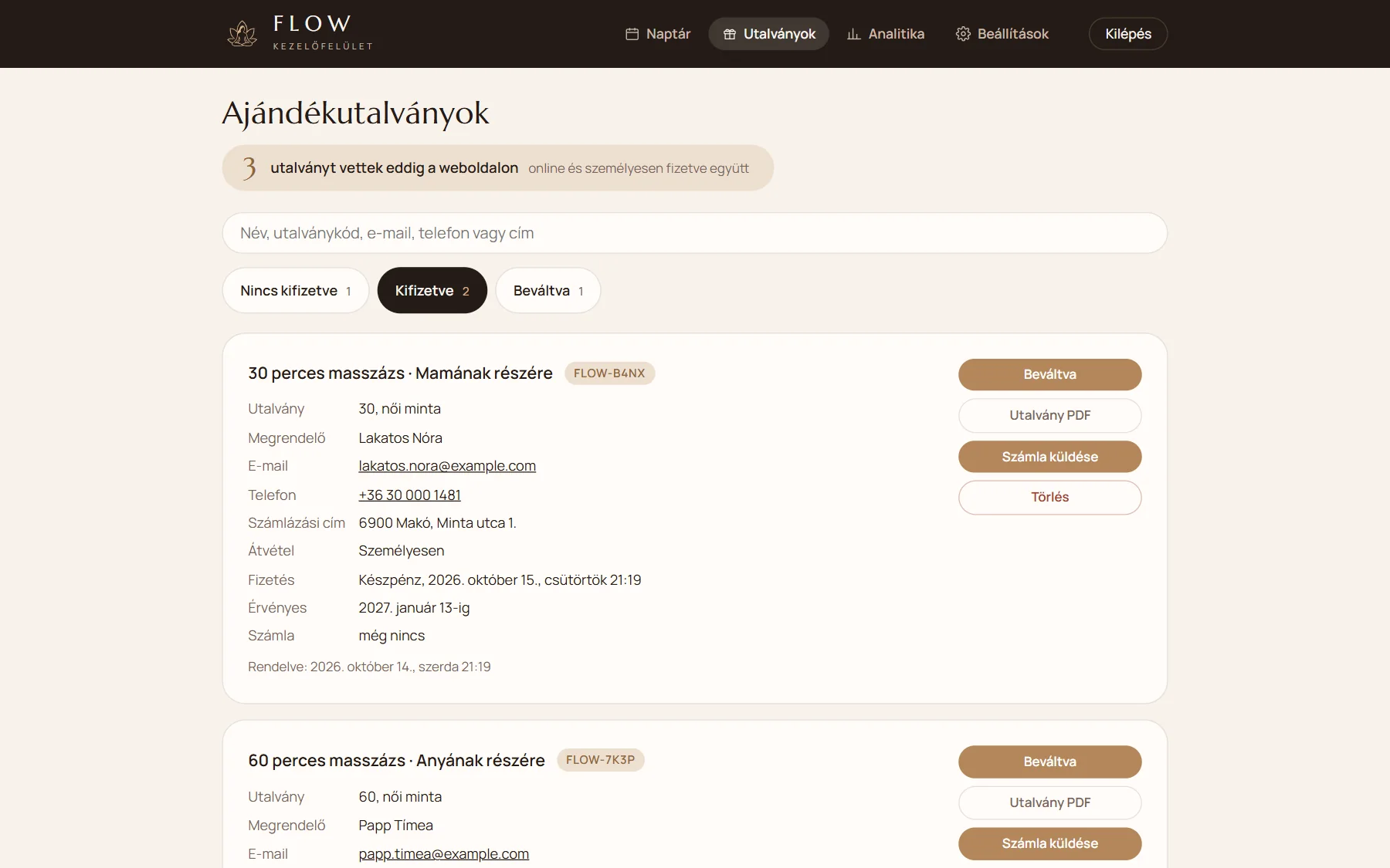 Kifizetett ajándékutalványok