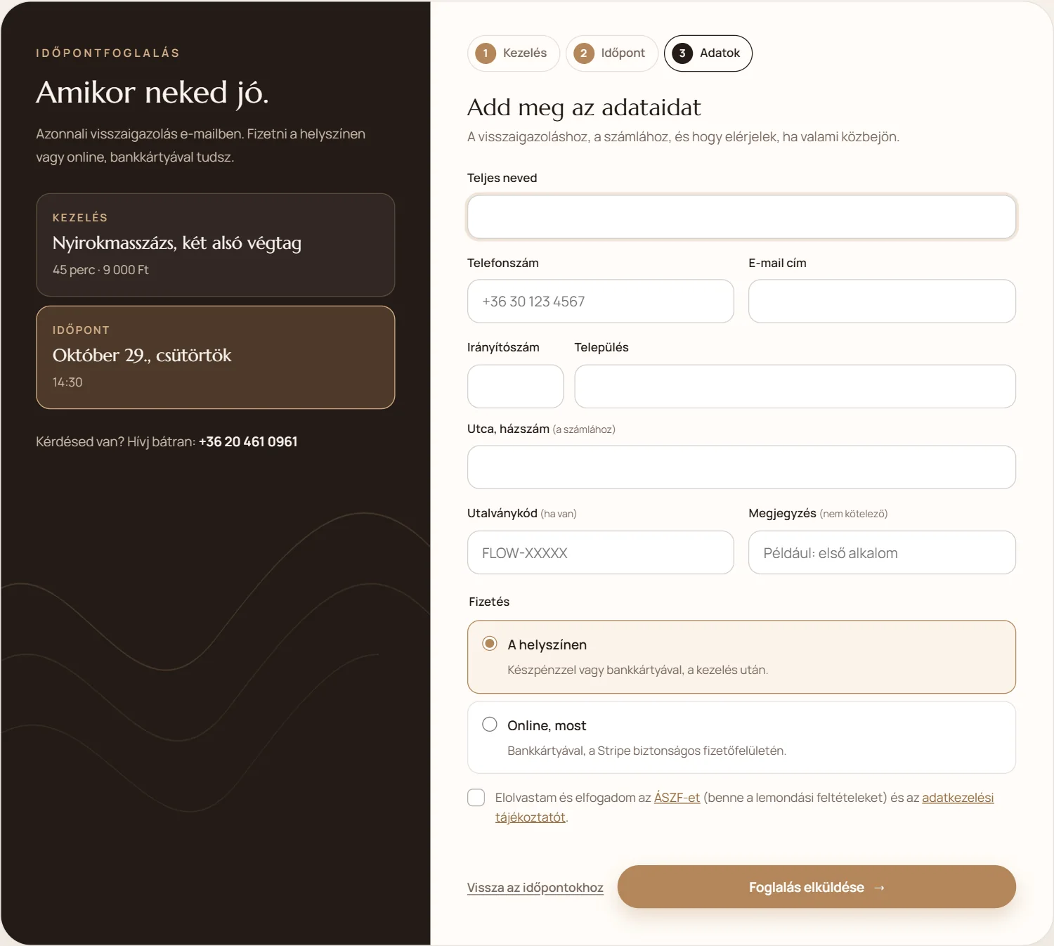 A foglaló harmadik lépése: a vendég adatai, utalványkód, és a fizetés módja (a helyszínen vagy online)