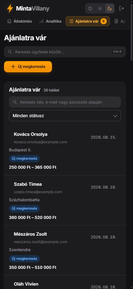 A megkeresések listája telefonon: az oldalsáv összecsukott navigációvá alakul